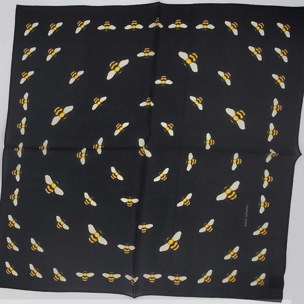 100% Silk Scarf Bees on Black Background
